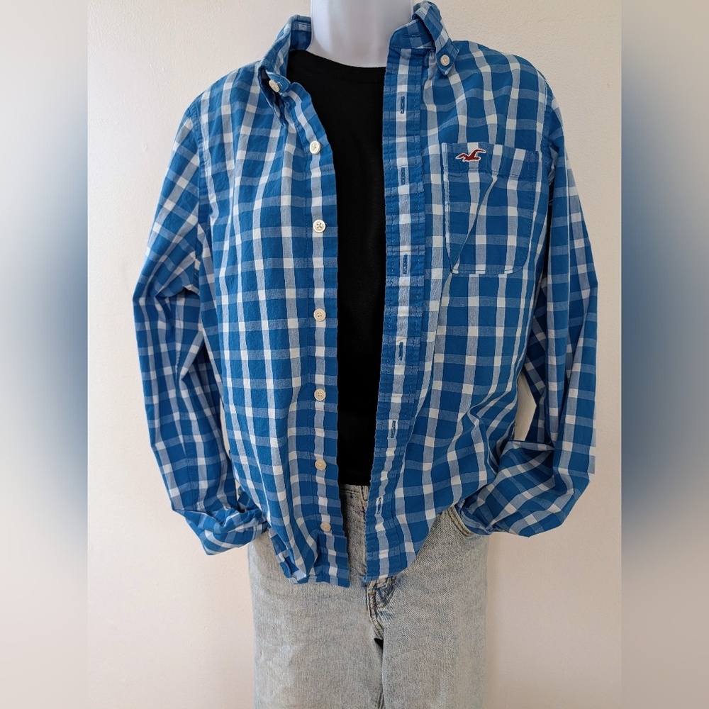 Early 2000s Hollister Blue Plaid Casual Shirt